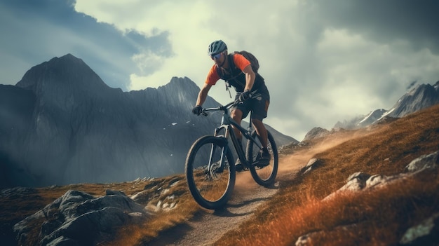 Mężczyzna jeżdżący na rowerze w górskim terenie Rower ekstremalny Sport rowerowy