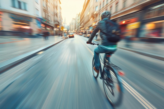 Zdjęcie mężczyzna jeżdżący rowerem po ulicy otoczonym wysokimi budynkami świetny dla koncepcji miejskiego stylu życia