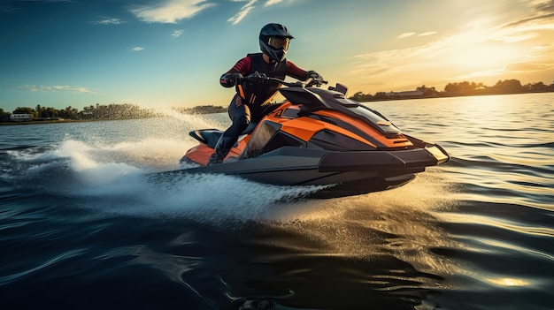 Mężczyzna jeździ jet ski na jeziorze Summer Evening