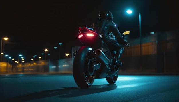 Mężczyzna jeździ nocą po mieście sportowym motocyklem