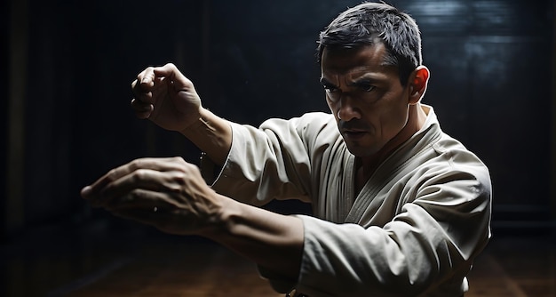 Mężczyzna karate ćwiczący sztuki walki w ciemnej sali gimnastycznej