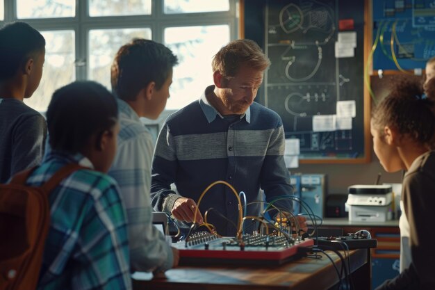 Zdjęcie mężczyzna kaukazyjski nauczyciel wyjaśniający elektronikę i fizykę wielorasowym uczniom liceum