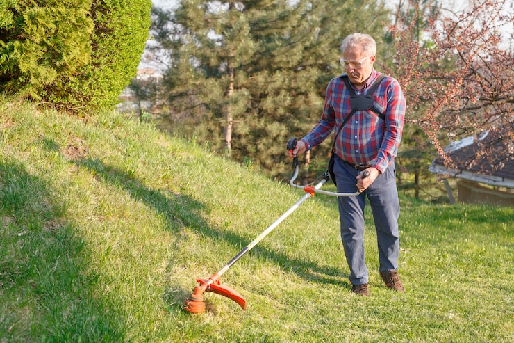 Zdjęcie mężczyzna kosi trawnik za pomocą kosiarki.