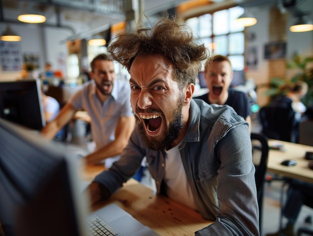 Zdjęcie mężczyzna krzyczący na komputer w biurze