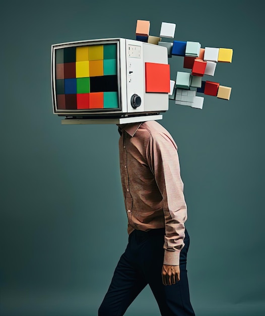 mężczyzna, który biegnie z telewizorem na głowie w stylu color blocked