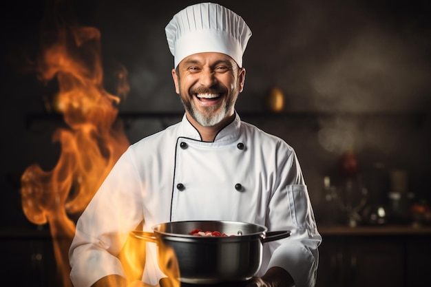 Mężczyzna kucharz trzymający zupę w garnku w białym mundurze i wyglądający szczęśliwie