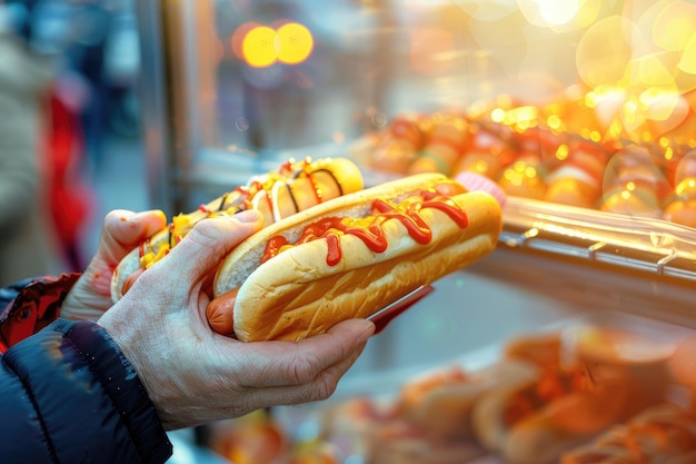 Mężczyzna Kupuje Dwa Hot-dogi W Kiosku Na Zewnątrz Street Food Closeup View