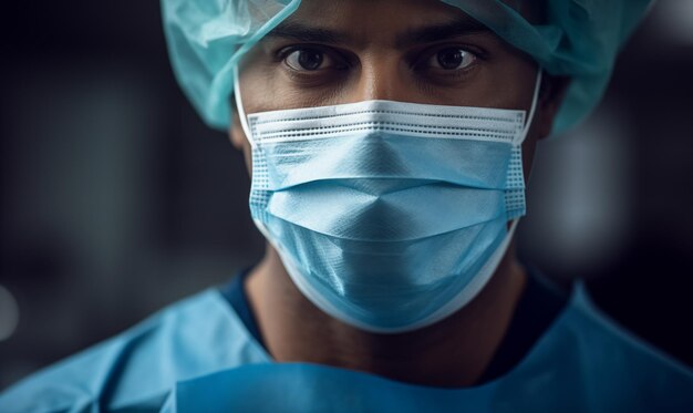 Mężczyzna lekarz chirurg noszący maskę medyczną w szpitalnym portretie generatywnej sztucznej inteligencji