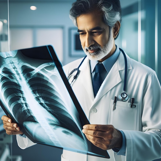 Mężczyzna lekarz radiolog w białym płaszczu laboratoryjnym badający zdjęcie rentgenowskie