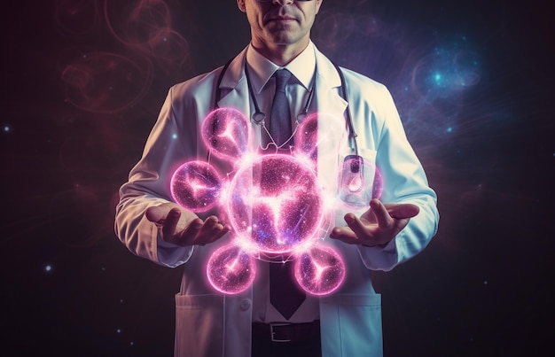 Mężczyzna lekarz trzymający świecące serce 3D na ciemnym tle