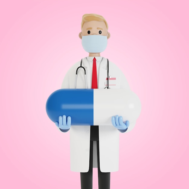 Mężczyzna lekarz z dużą niebieską pigułką w dłoniach Ilustracja 3D w stylu kreskówki