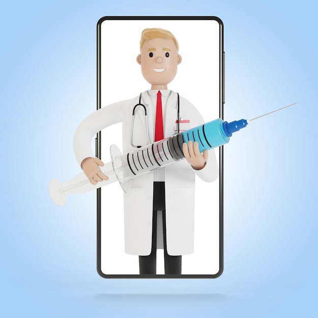 Mężczyzna lekarz z dużą strzykawką na ekranie smartfona. Ilustracja 3D w stylu kreskówki.