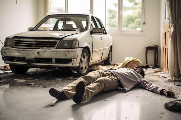 Zdjęcie mężczyzna leżący na podłodze obok samochodu