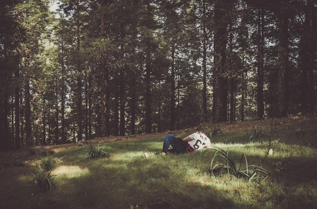 Zdjęcie mężczyzna leżący na polu w lesie