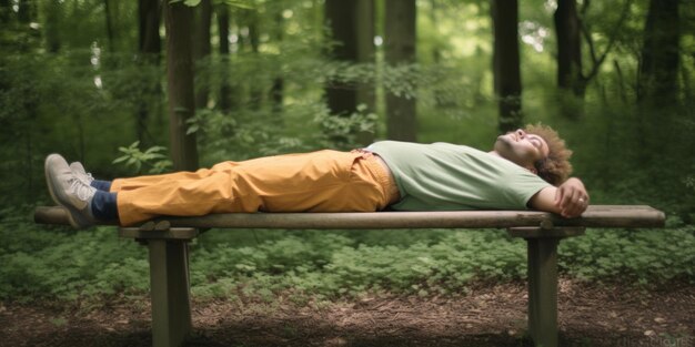 Zdjęcie mężczyzna leży na ławce w lesie świat snu sceny relaksacyjne dzień spokojne środowisko snu spokojna noc atmosfera