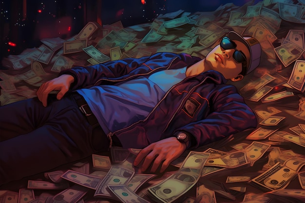 Zdjęcie mężczyzna leży na stosie pieniędzy w niebieskiej kurtce i okularach przeciwsłonecznych.