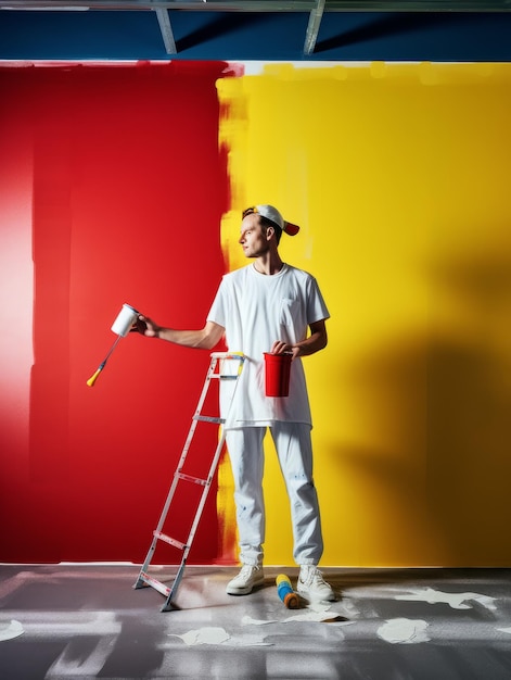 Zdjęcie mężczyzna malujący ścianę rolką farbową