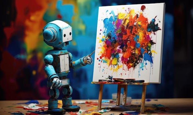 Mężczyzna maluje obraz robota.