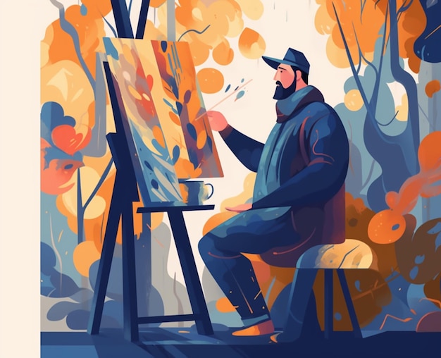 Mężczyzna maluje obraz w lesie.