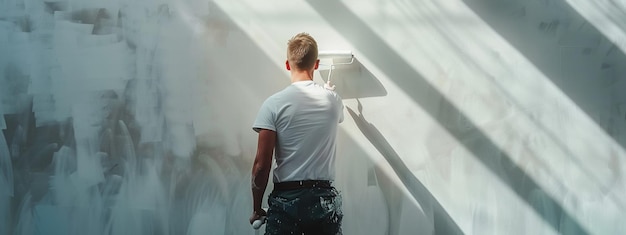 Mężczyzna maluje ścianę białą farbą z rolką