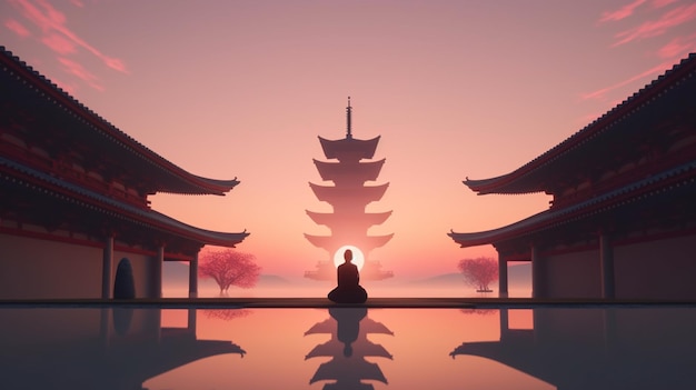 Mężczyzna medytujący przed pagodą z różowym niebem w tle.