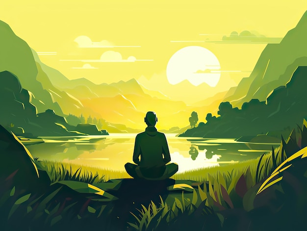 Mężczyzna medytujący w jodze przed widokiem na góry o wschodzie słońca krajobraz cyfrowej sztuki ilustracji