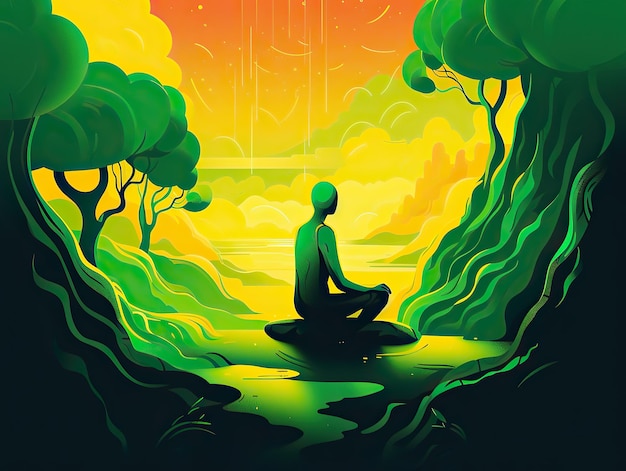 Mężczyzna medytujący w jodze przed widokiem na góry o wschodzie słońca krajobraz cyfrowej sztuki ilustracji