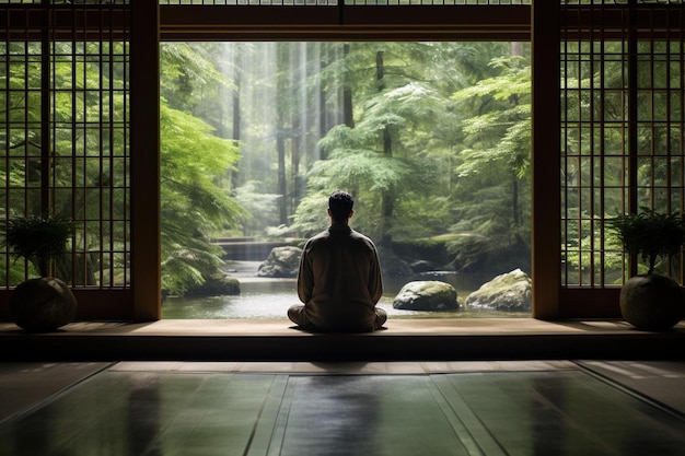 Zdjęcie mężczyzna medytujący w ogrodzie zen z drzewem w tle.