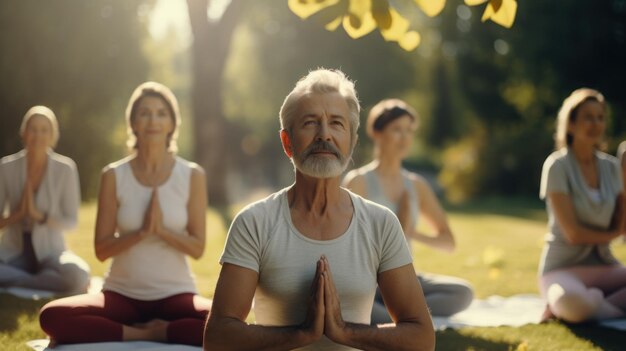 Zdjęcie mężczyzna medytujący w parku z grupą w tle instruktor jogi