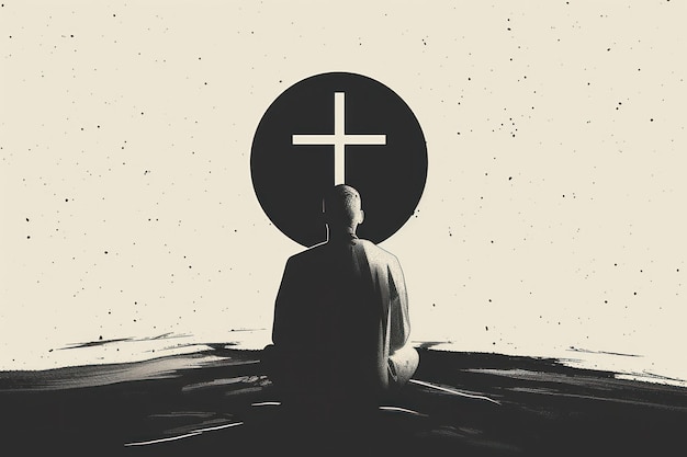 Mężczyzna modlący się przed krzyżem chrześcijańska koncepcja sylwetka człowieka klęczącego przed krzyżem