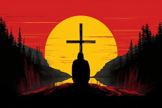 Mężczyzna modlący się przed krzyżem chrześcijańska koncepcja sylwetka człowieka klęczącego przed krzyżem