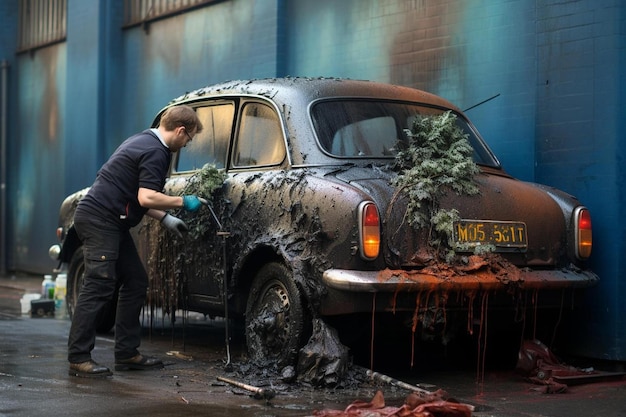 mężczyzna myjący samochód z numerem 54 z przodu.