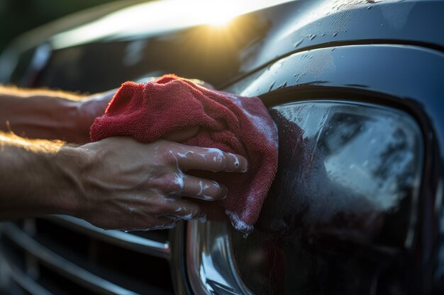 Mężczyzna myjący światło samochodu z szmatą w ranach Czyste auto transport pracownik Generate Ai