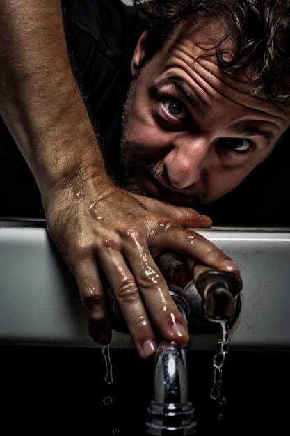 Mężczyzna myje ręce łańcuchem z napisem "bez wody".