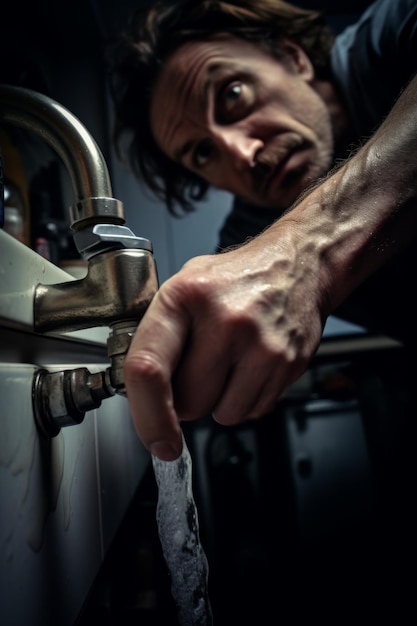 Mężczyzna myje rękę na zlewie, a kran jest zrobiony przez mężczyznę.