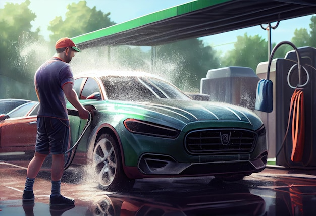 Mężczyzna myje samochód na zewnętrznej myjni samochodowej Generate Ai