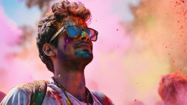 Mężczyzna na festiwalu Holi z kolorowym proszkiem