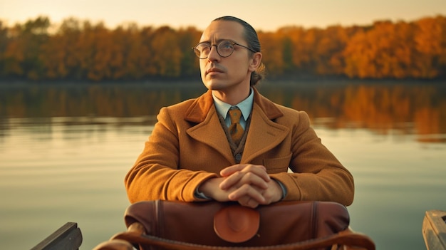 Mężczyzna na łodzi w okularach i brązowej kurtce