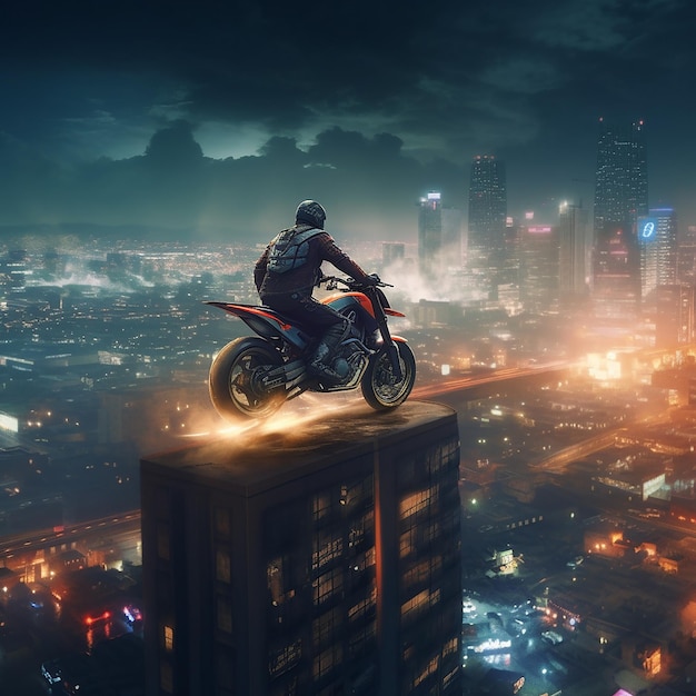 Mężczyzna na motocyklu jeździ po budynku w mieście.
