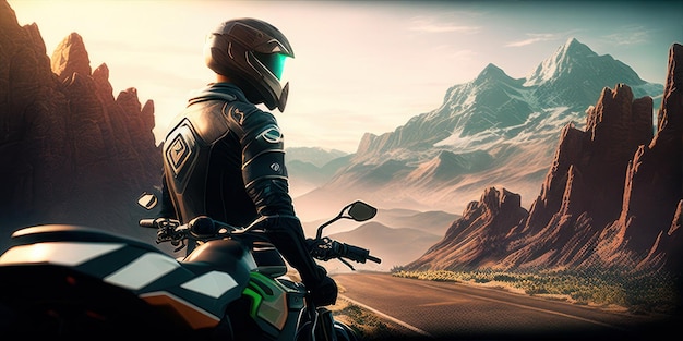 Mężczyzna na motocyklu patrzy na góry.