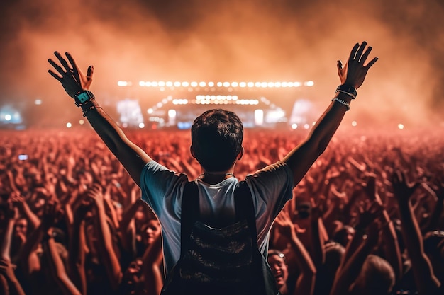 Zdjęcie mężczyzna na plecach z podniesionymi rękami, ciesząc się koncertem wśród publiczności festiwalu muzycznego