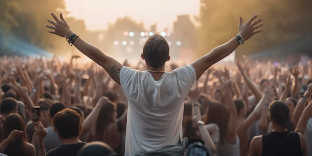 Mężczyzna na plecach z podniesionymi rękami, ciesząc się koncertem wśród publiczności festiwalu muzycznego