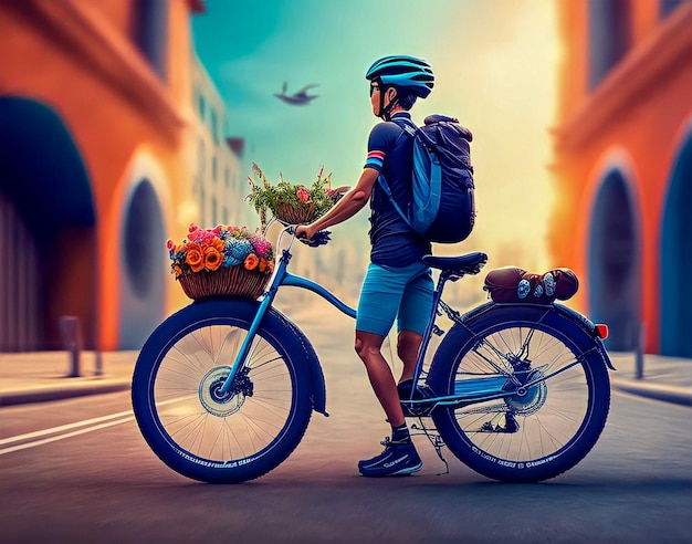 Mężczyzna na rowerze z koszem kwiatów przed nim.