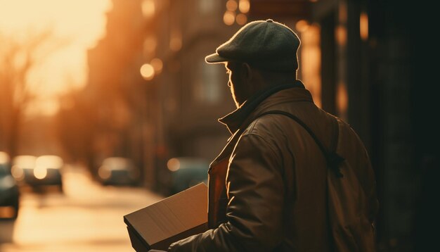 Mężczyzna na świeżym powietrzu czyta książkę w jesieni w świetle słonecznym generowanym przez sztuczną inteligencję