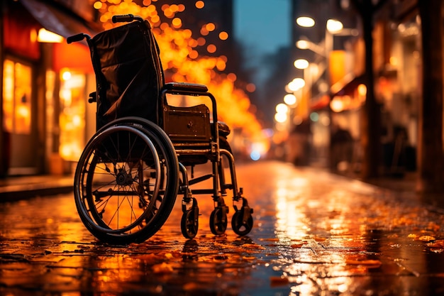 Mężczyzna na wózku inwalidzkim na ulicy w deszczu w nocygenerative ai