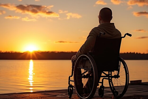 Mężczyzna na wózku inwalidzkim o zachodzie słońca