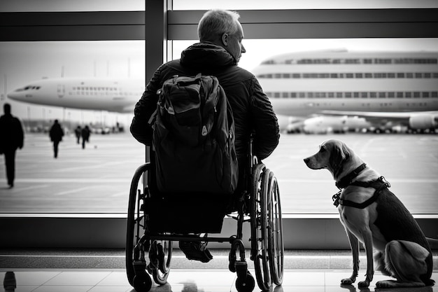 Mężczyzna na wózku inwalidzkim obserwuje tętniący życiem terminal lotniska ze swoim wiernym psem u boku