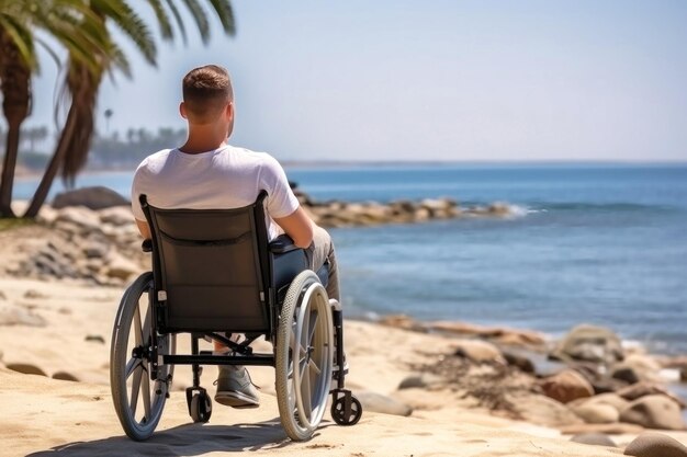 Mężczyzna na wózku inwalidzkim oglądający ocean