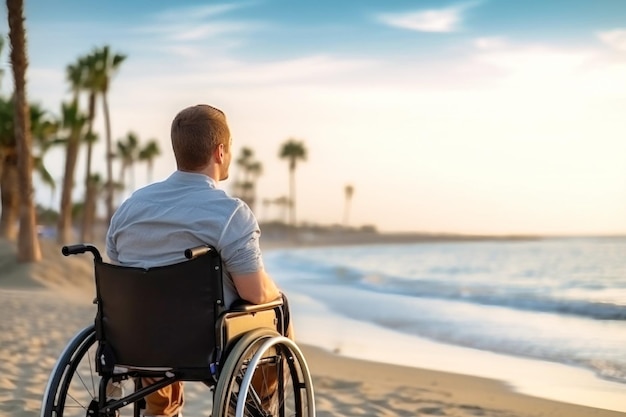 Mężczyzna na wózku inwalidzkim oglądający ocean