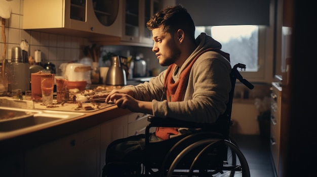 Mężczyzna na wózku inwalidzkim podczas gotowania w domu Generative Ai